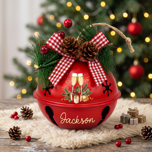 Personalized Champagne Toast Gifts White Jingle Bell Ornament, Custom Name Holiday Celebration Tree Decor, Rustic Metal Bell with Bow & Pinecone Accents