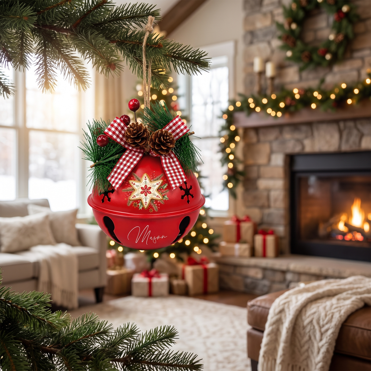 Personalized Gingerbread Star White Jingle Bell Ornament, Custom Name Festive Cookie Christmas Tree Decor, Rustic Metal Bell with Bow & Pinecone Accents