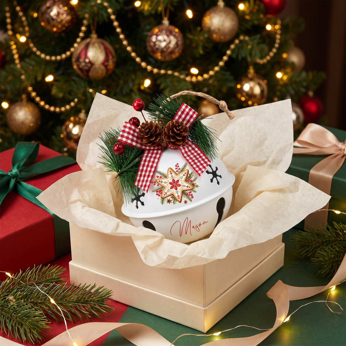 Personalized Gingerbread Star White Jingle Bell Ornament, Custom Name Festive Cookie Christmas Tree Decor, Rustic Metal Bell with Bow & Pinecone Accents