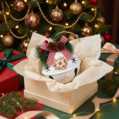 Personalized Gingerbread Star White Jingle Bell Ornament, Custom Name Festive Cookie Christmas Tree Decor, Rustic Metal Bell with Bow & Pinecone Accents