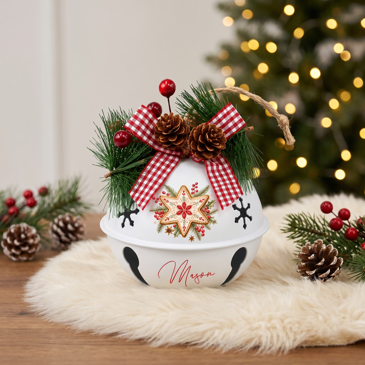 Personalized Gingerbread Star White Jingle Bell Ornament, Custom Name Festive Cookie Christmas Tree Decor, Rustic Metal Bell with Bow & Pinecone Accents