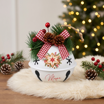 Personalized Gingerbread Star White Jingle Bell Ornament, Custom Name Festive Cookie Christmas Tree Decor, Rustic Metal Bell with Bow & Pinecone Accents