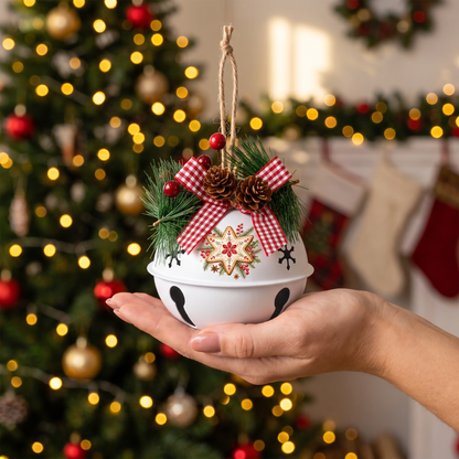 Personalized Gingerbread Star White Jingle Bell Ornament, Custom Name Festive Cookie Christmas Tree Decor, Rustic Metal Bell with Bow & Pinecone Accents