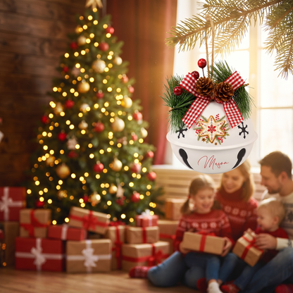 Personalized Gingerbread Star White Jingle Bell Ornament, Custom Name Festive Cookie Christmas Tree Decor, Rustic Metal Bell with Bow & Pinecone Accents