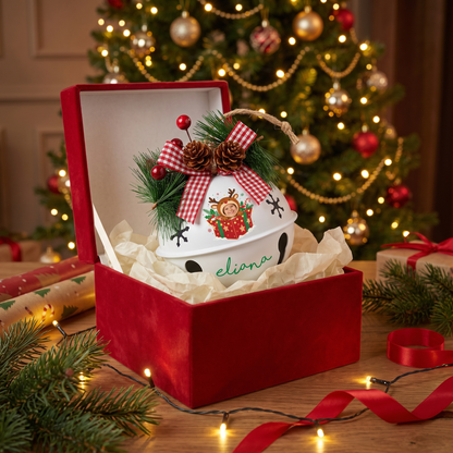 Personalized Custom Photo Reindeer Gift Box White Jingle Bell Ornament, Custom Name Kid Photo Holiday Keepsake Tree Decor, Rustic Metal Bell with Bow & Pinecone Accents