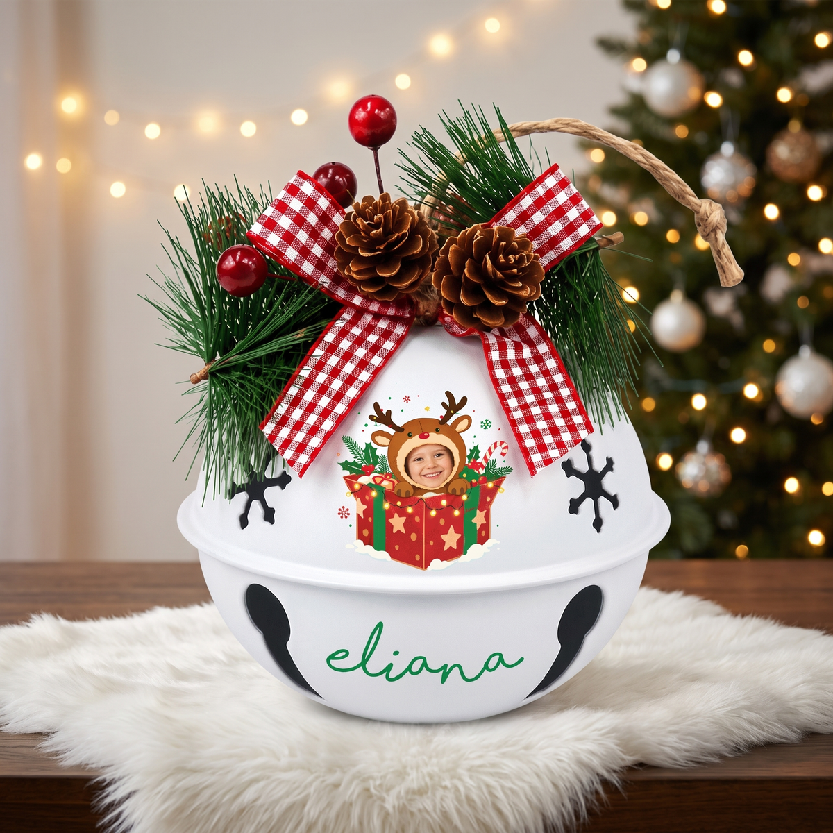 Personalized Custom Photo Reindeer Gift Box White Jingle Bell Ornament, Custom Name Kid Photo Holiday Keepsake Tree Decor, Rustic Metal Bell with Bow & Pinecone Accents