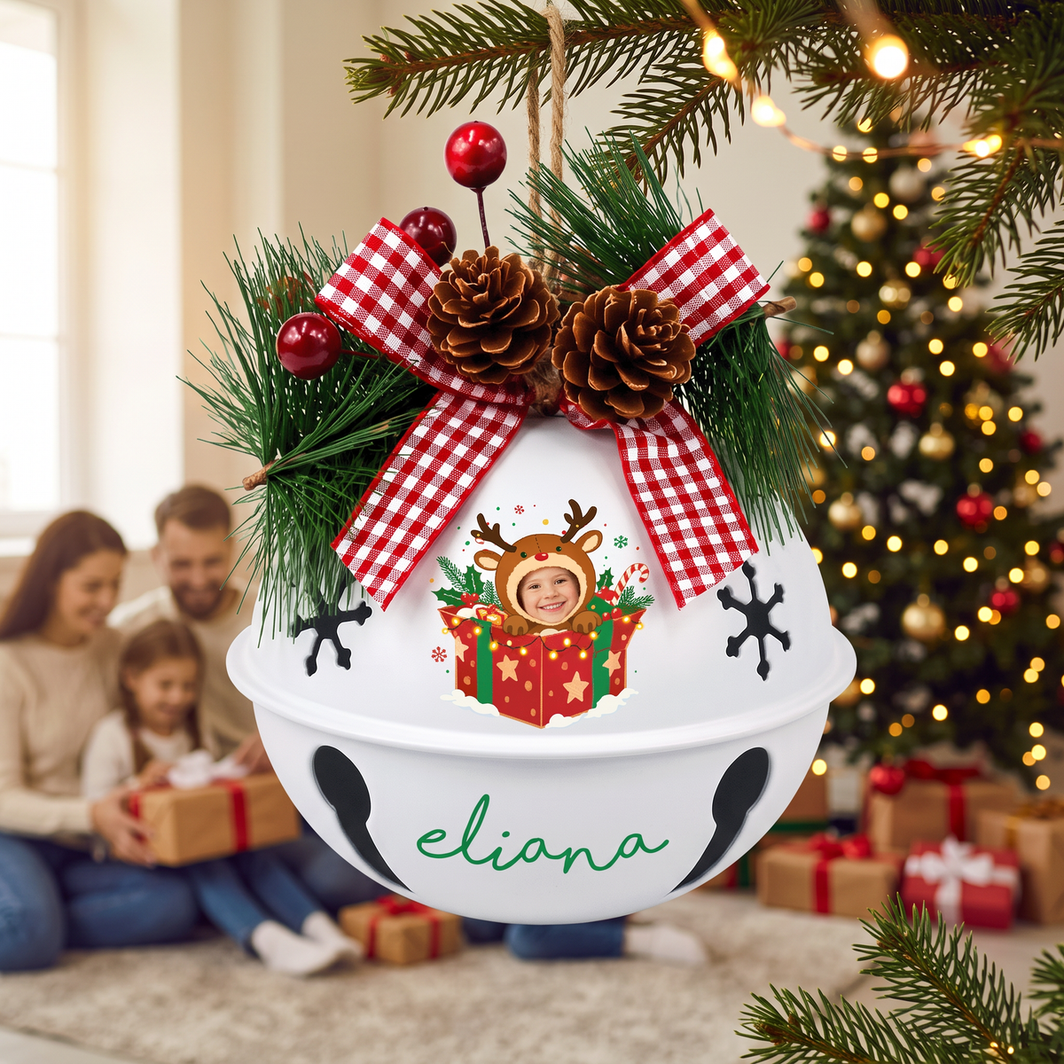 Personalized Custom Photo Reindeer Gift Box White Jingle Bell Ornament, Custom Name Kid Photo Holiday Keepsake Tree Decor, Rustic Metal Bell with Bow & Pinecone Accents