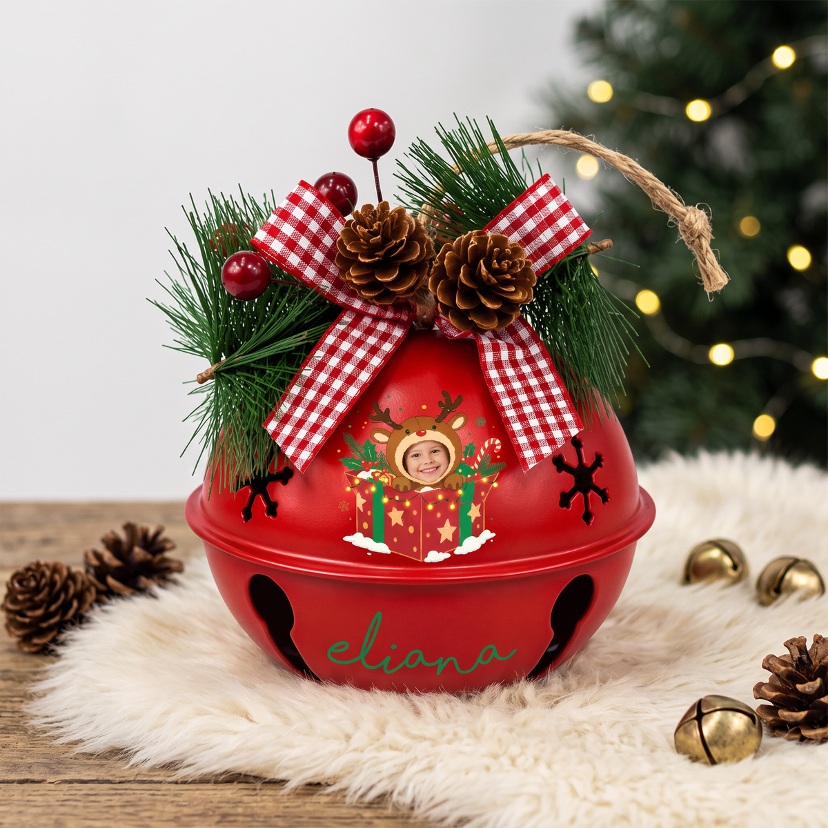 Personalized Custom Photo Reindeer Gift Box White Jingle Bell Ornament, Custom Name Kid Photo Holiday Keepsake Tree Decor, Rustic Metal Bell with Bow & Pinecone Accents