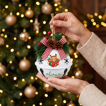 Personalized Custom Photo Reindeer Gift Box White Jingle Bell Ornament, Custom Name Kid Photo Holiday Keepsake Tree Decor, Rustic Metal Bell with Bow & Pinecone Accents