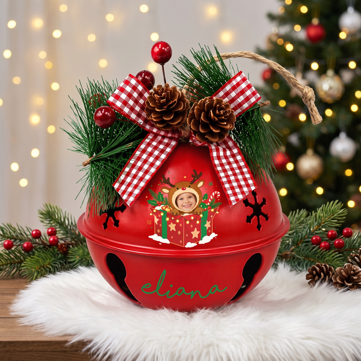 Personalized Custom Photo Reindeer Gift Box White Jingle Bell Ornament, Custom Name Kid Photo Holiday Keepsake Tree Decor, Rustic Metal Bell with Bow & Pinecone Accents