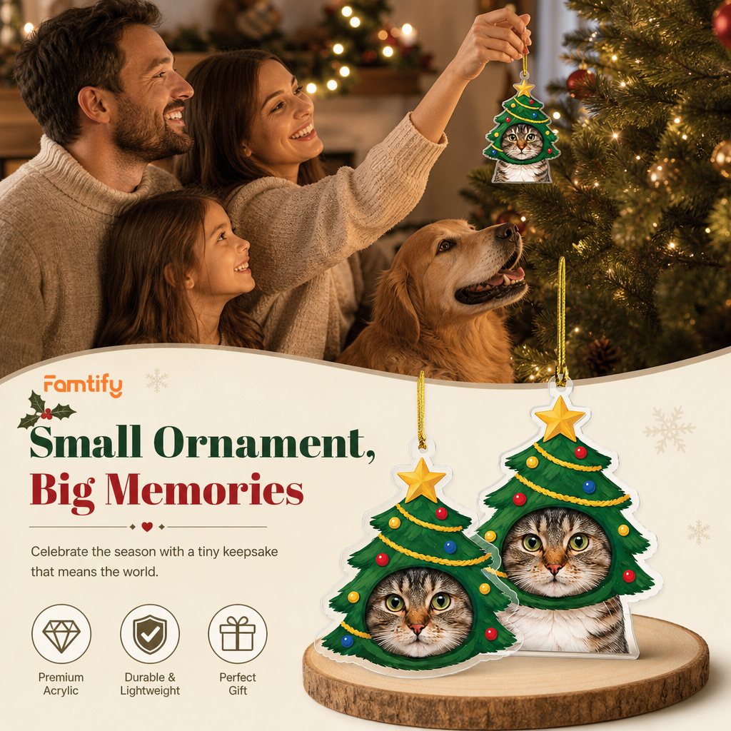 Small Ornament, Big Memories banner with a family, dog and two Christmas tree cat photo ornaments