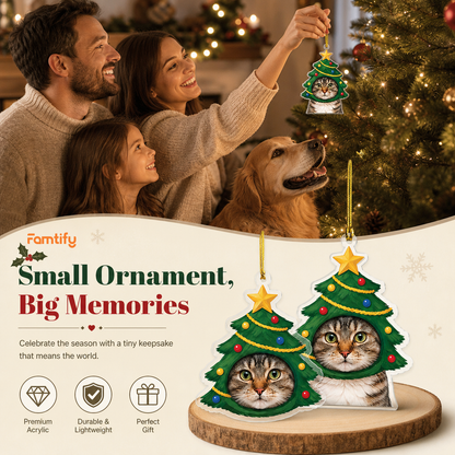 Small Ornament, Big Memories banner with a family, dog and two Christmas tree cat photo ornaments