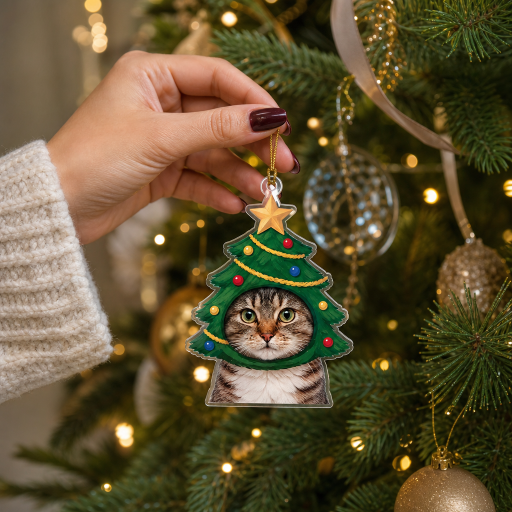 Hand hanging the Christmas tree cat photo ornament among gold baubles
