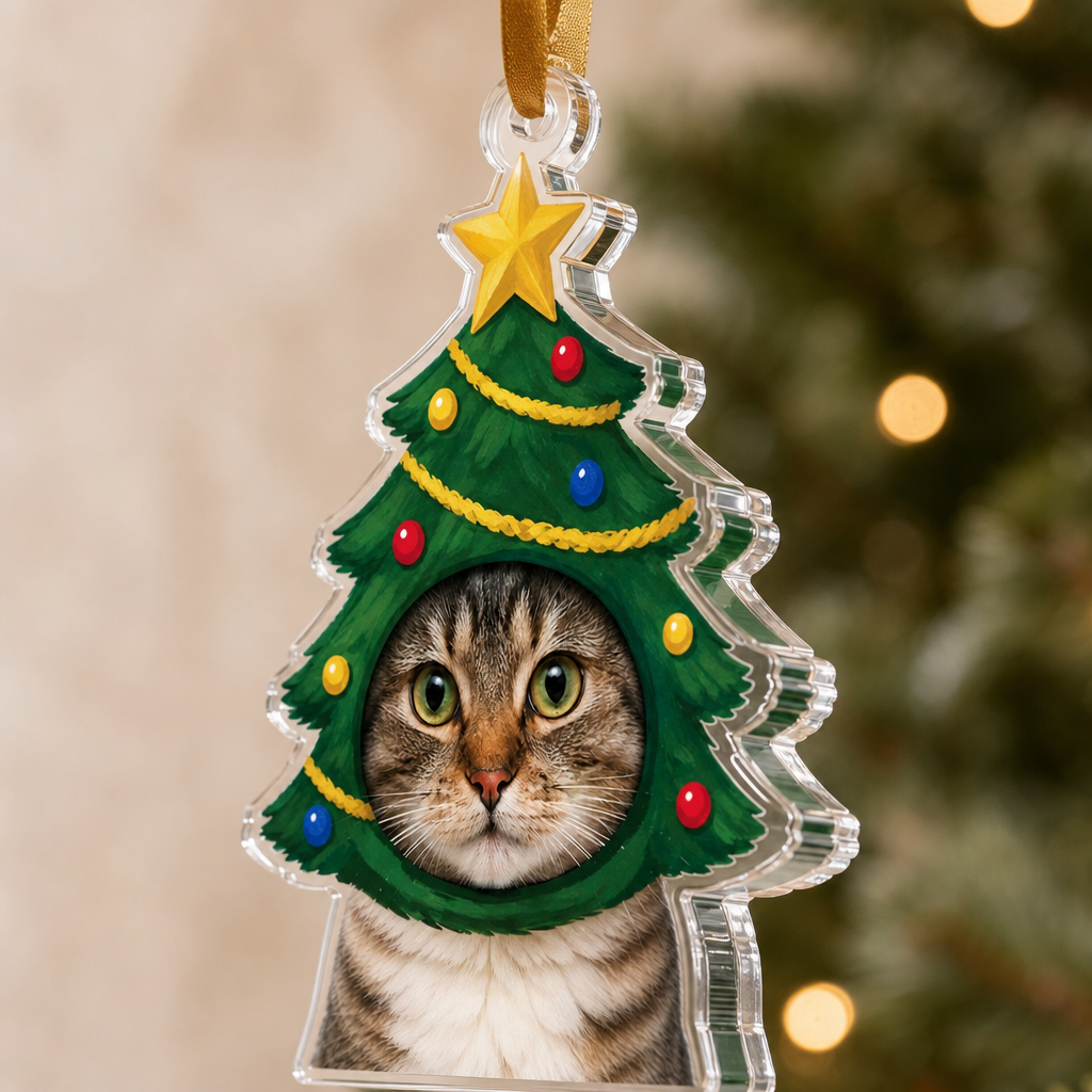 Side view of the clear acrylic Christmas tree pet photo ornament on a gold ribbon