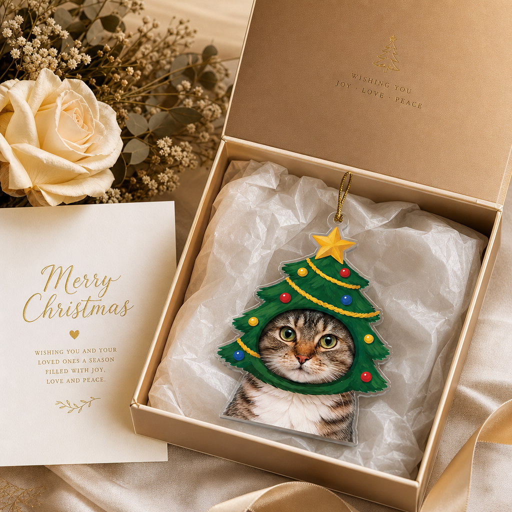 Christmas tree cat ornament in a kraft gift box with a cream rose and Merry Christmas card