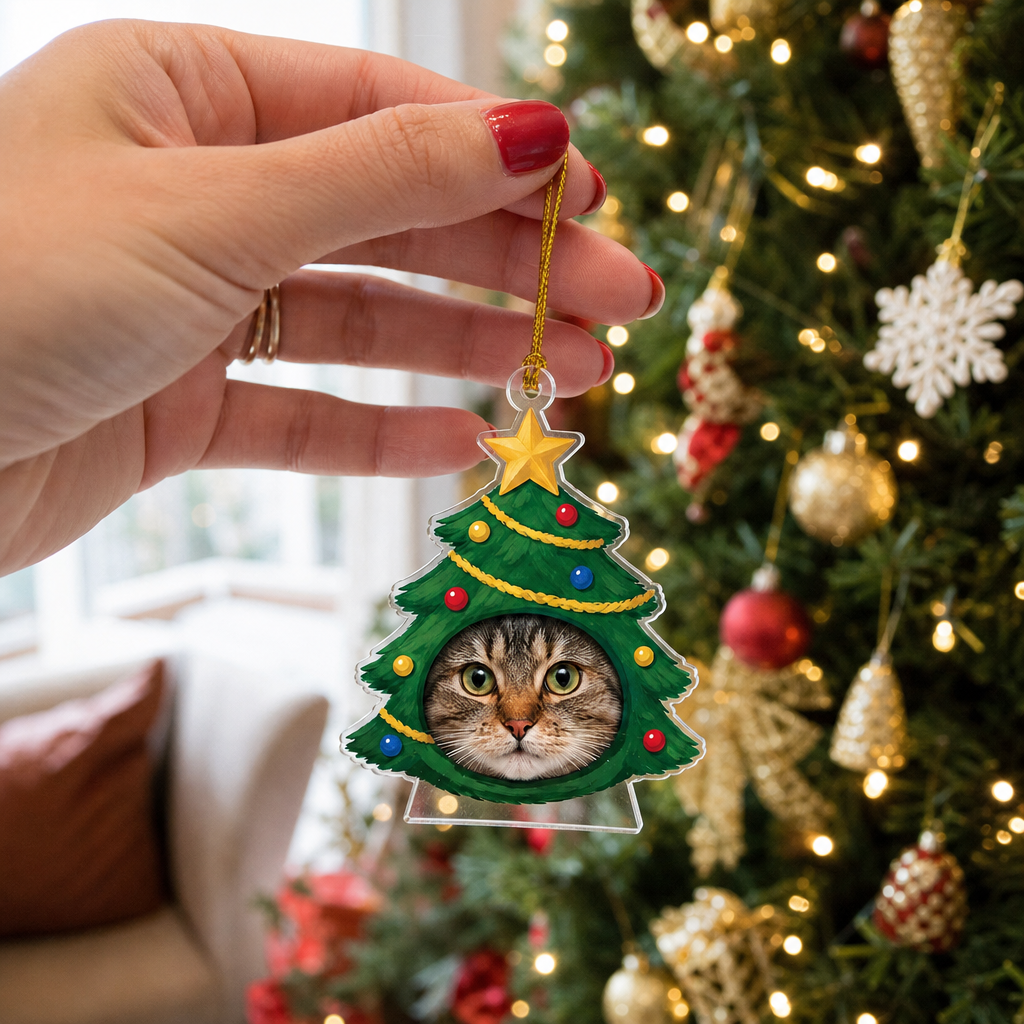 Hand holding the personalized Christmas tree pet ornament by a decorated tree