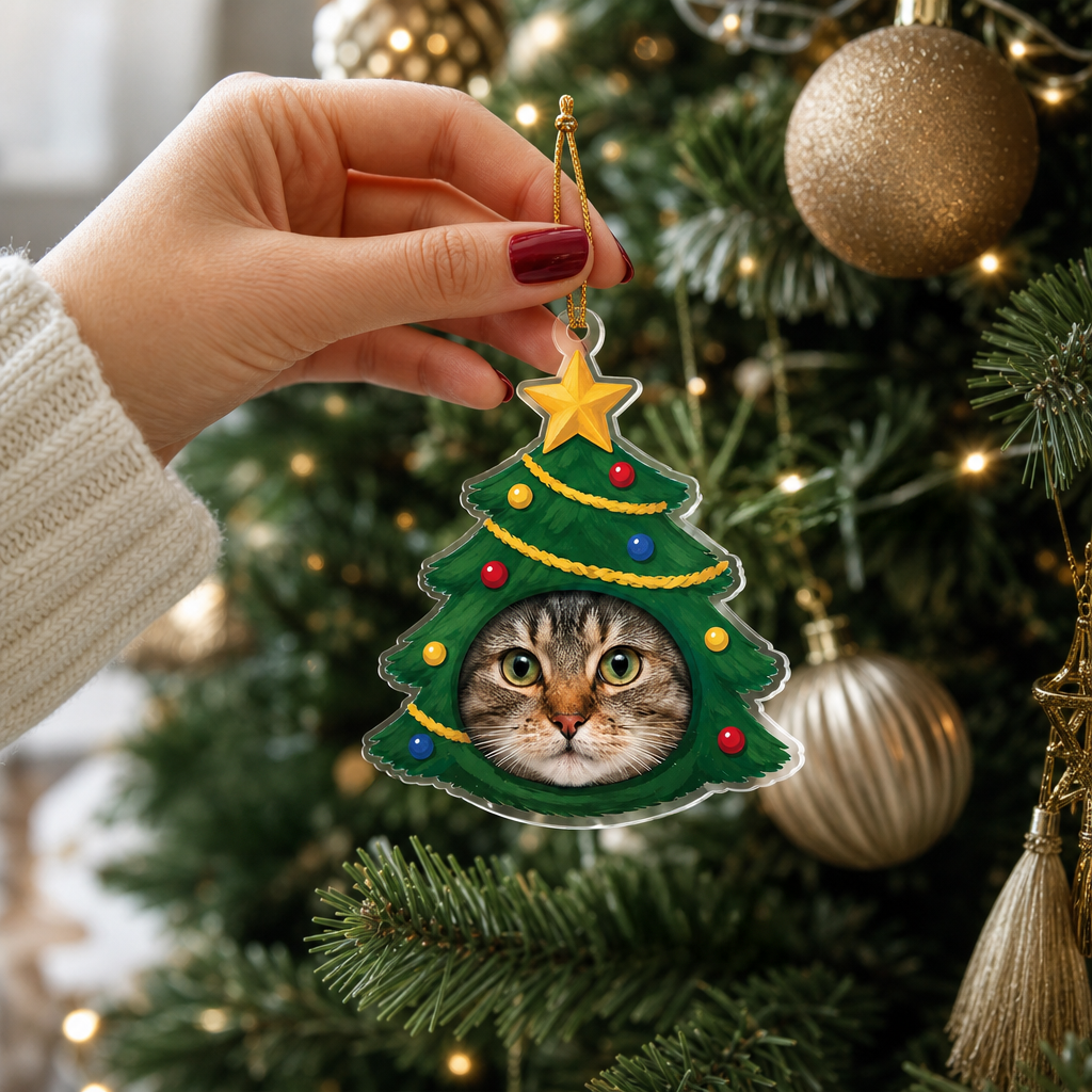 Close up of a hand hanging the Christmas tree cat photo ornament on the tree