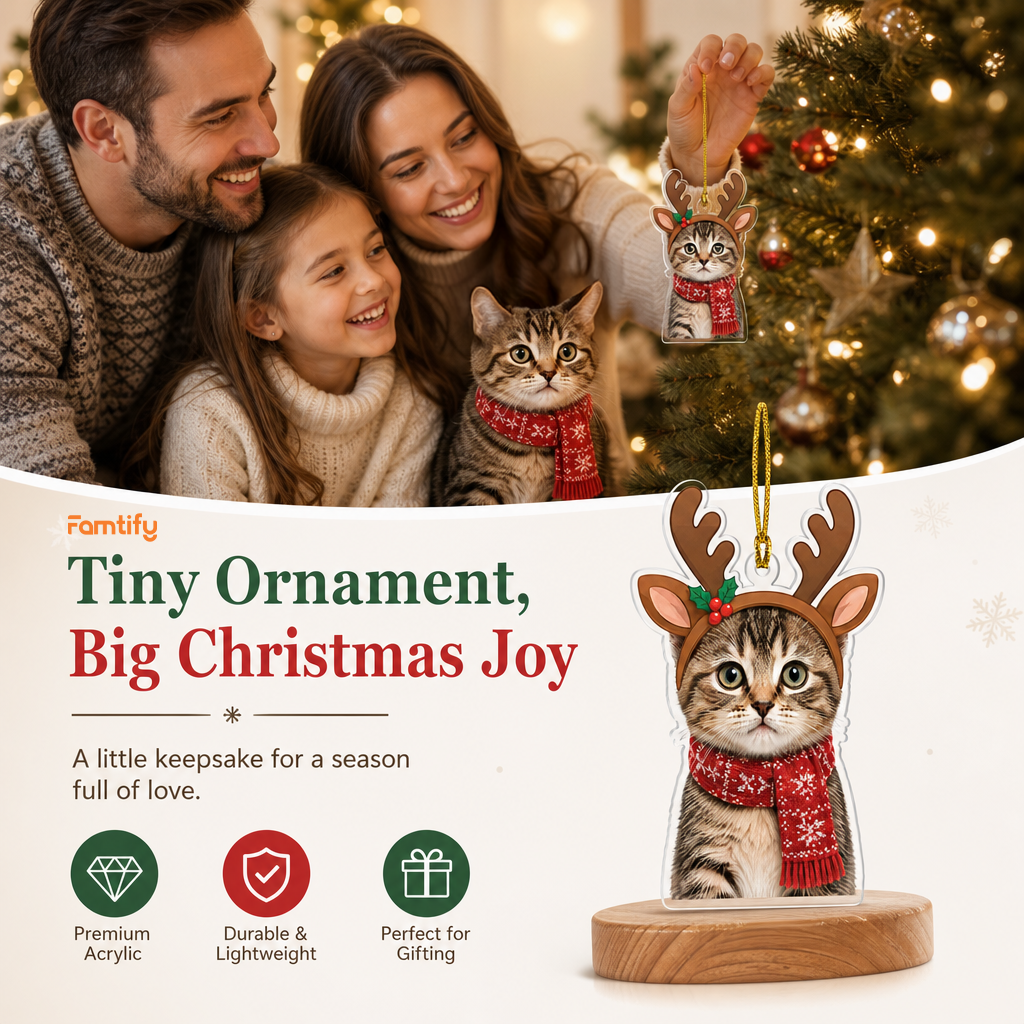 Tiny Ornament, Big Christmas Joy banner with a family, tabby cat and the reindeer pet photo ornament