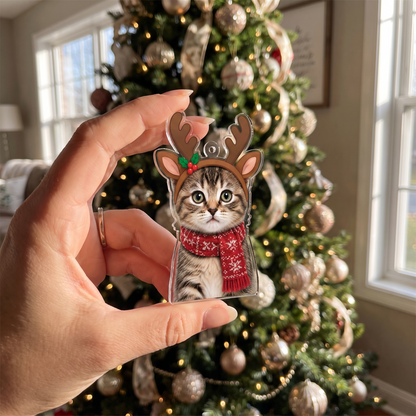 Hand holding the personalized reindeer cat ornament in front of a Christmas tree