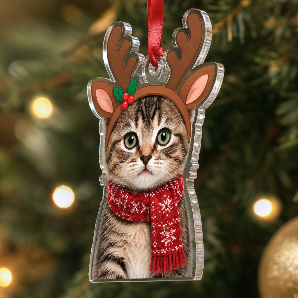 Side view of the clear acrylic reindeer pet photo ornament on a red ribbon