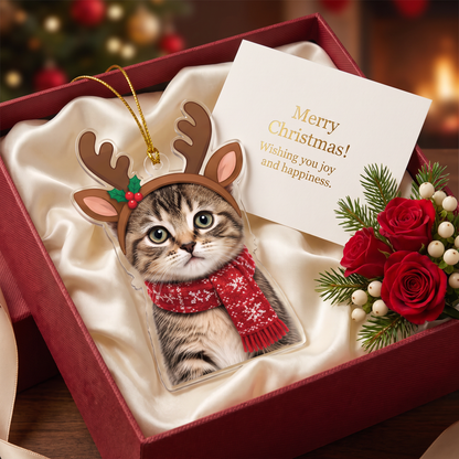 Reindeer cat photo ornament in a red gift box with roses and a Merry Christmas card
