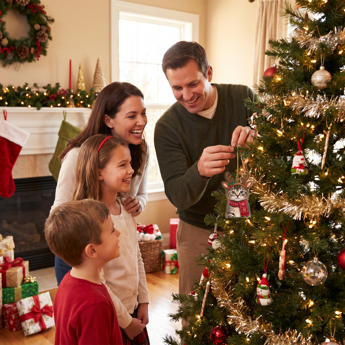 Dad hanging the reindeer pet photo ornament while mom and kids watch