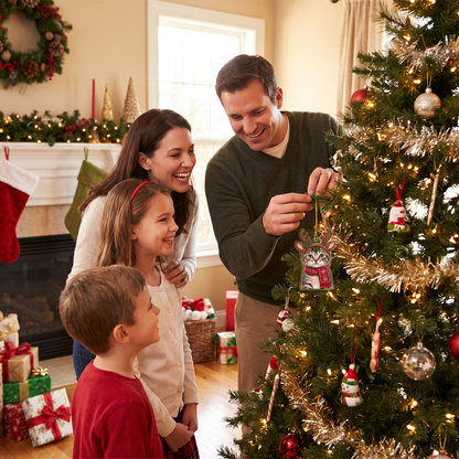Dad hanging the reindeer pet photo ornament while mom and kids watch