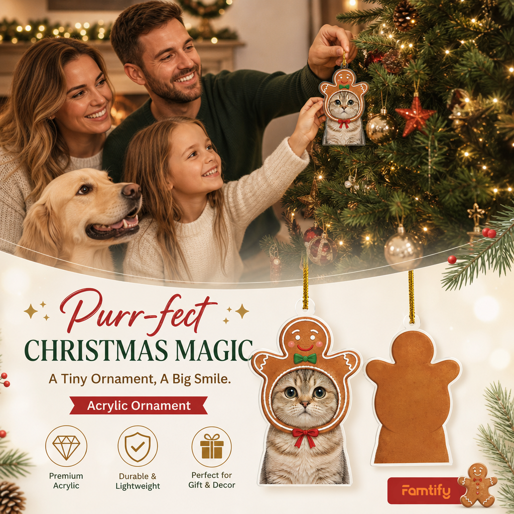 Purr-fect Christmas Magic banner showing the gingerbread cat ornament front and back with a family and dog
