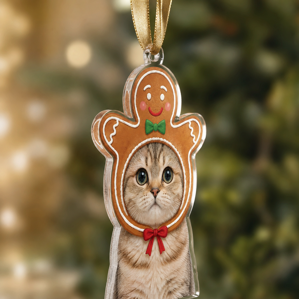 Side view of the clear acrylic gingerbread pet photo ornament on a gold ribbon