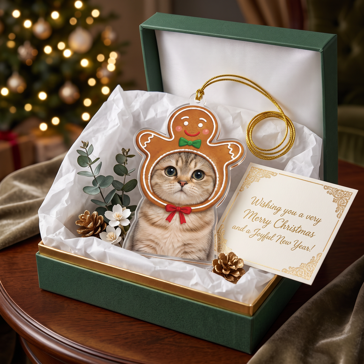 Gingerbread cat photo ornament in a green gift box with pinecones and a Merry Christmas card