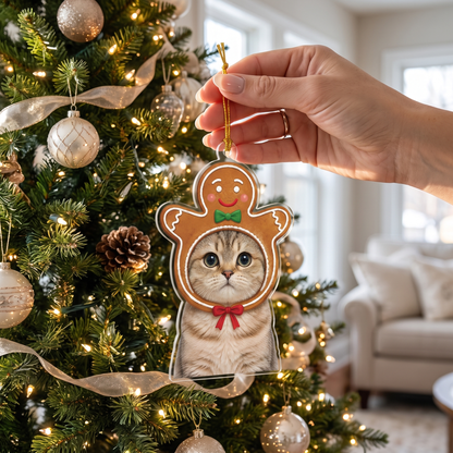 Hand hanging the personalized gingerbread pet ornament on a decorated Christmas tree