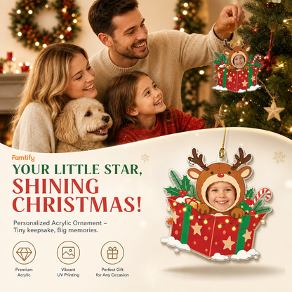 Your Little Star, Shining Christmas banner with a family, dog and the reindeer gift box photo ornament