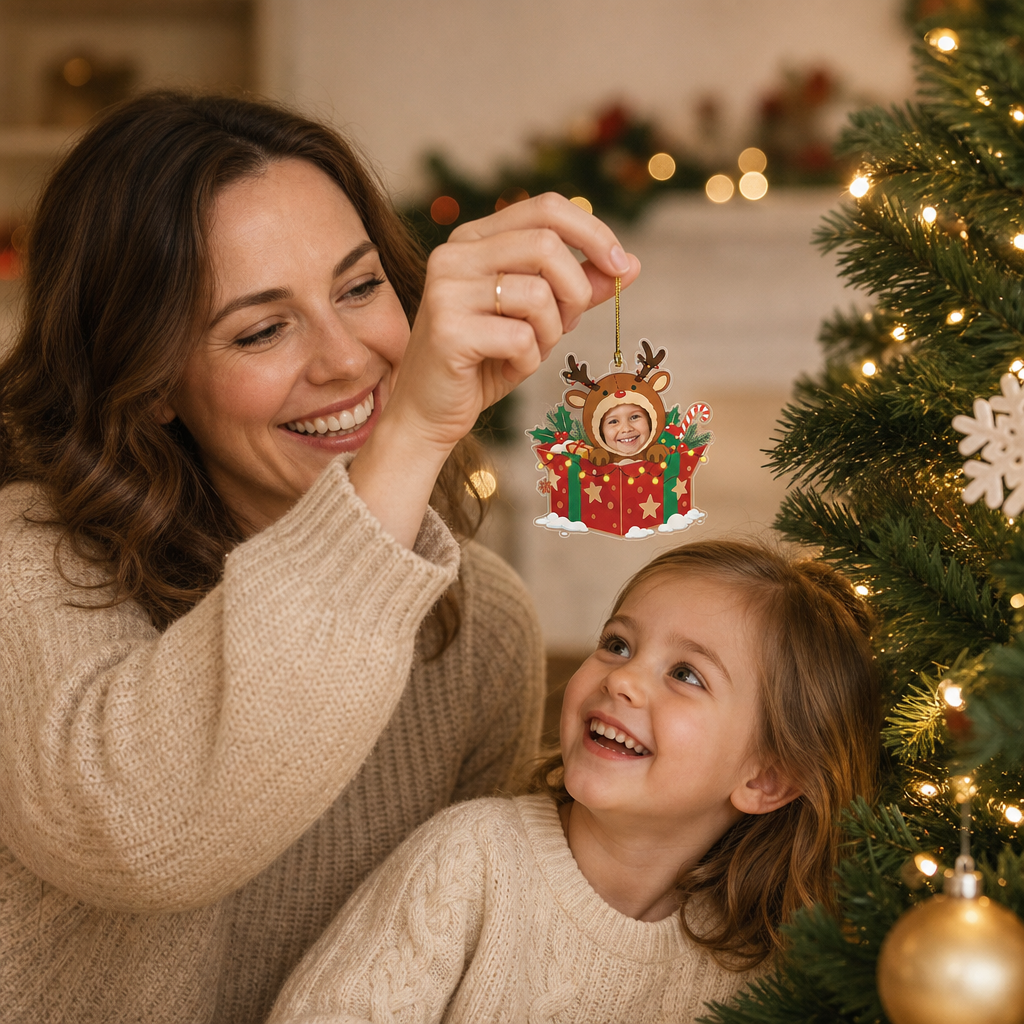 Mother and daughter smiling at the custom face reindeer gift box ornament