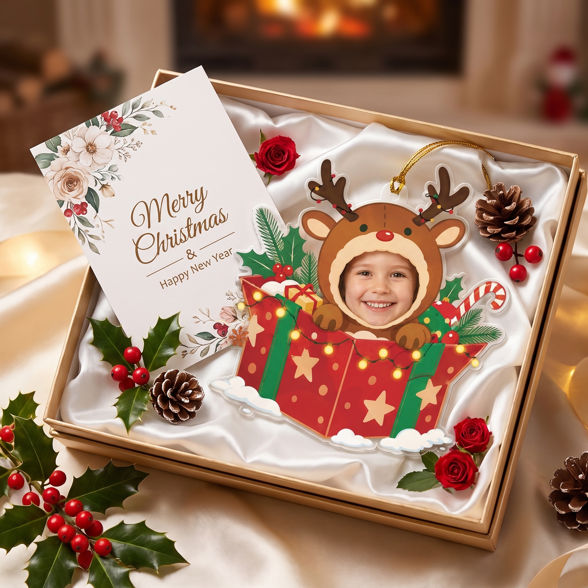 Reindeer gift box photo ornament in a satin-lined box with holly, pinecones and a Merry Christmas card
