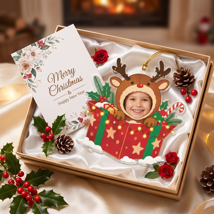 Reindeer gift box photo ornament in a satin-lined box with holly, pinecones and a Merry Christmas card
