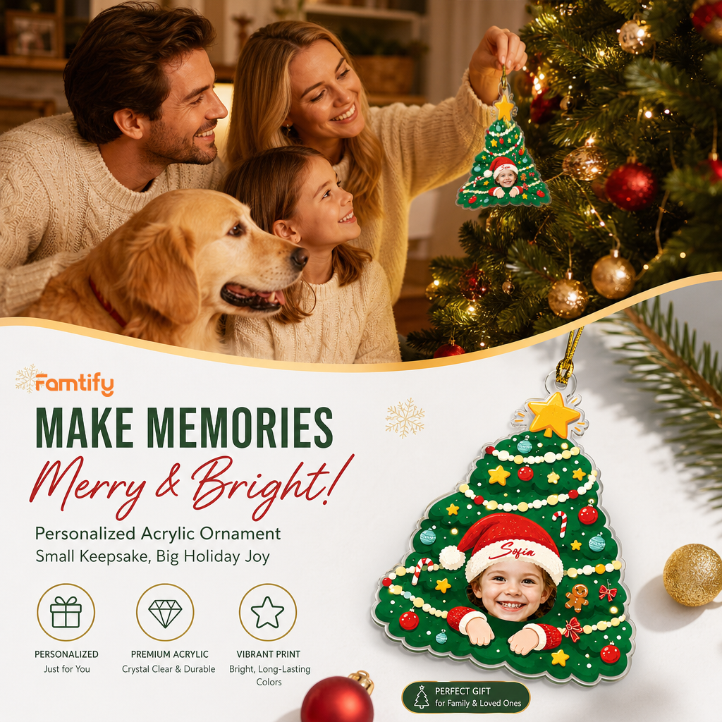 Make Memories Merry and Bright banner with the kid face Christmas tree ornament and a family with a dog