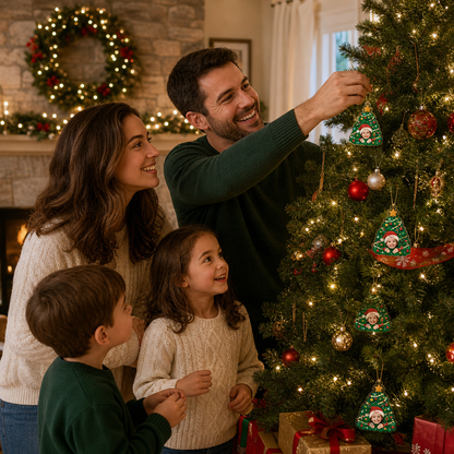 Family decorating the tree with several personalized kid face Christmas tree ornaments