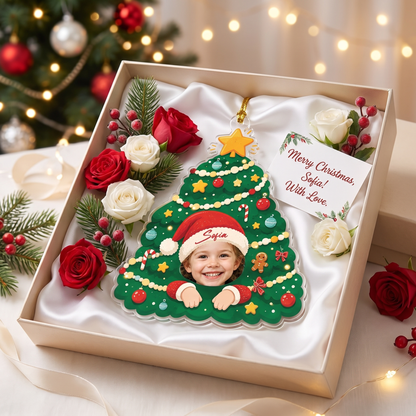 Kid face Christmas tree ornament in a gift box with red and white roses and a personalized card