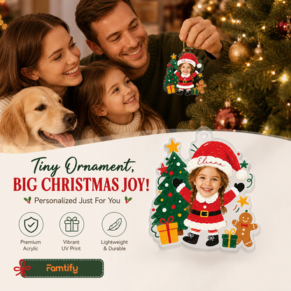 Tiny Ornament, Big Christmas Joy banner featuring the dancing Santa girl photo ornament and a family with a dog