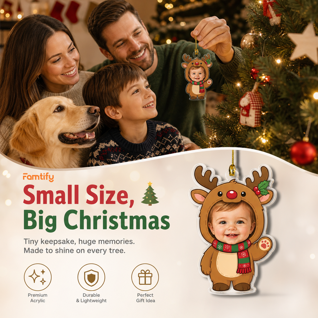 Small Size, Big Christmas banner with a family, golden retriever and the baby reindeer suit ornament