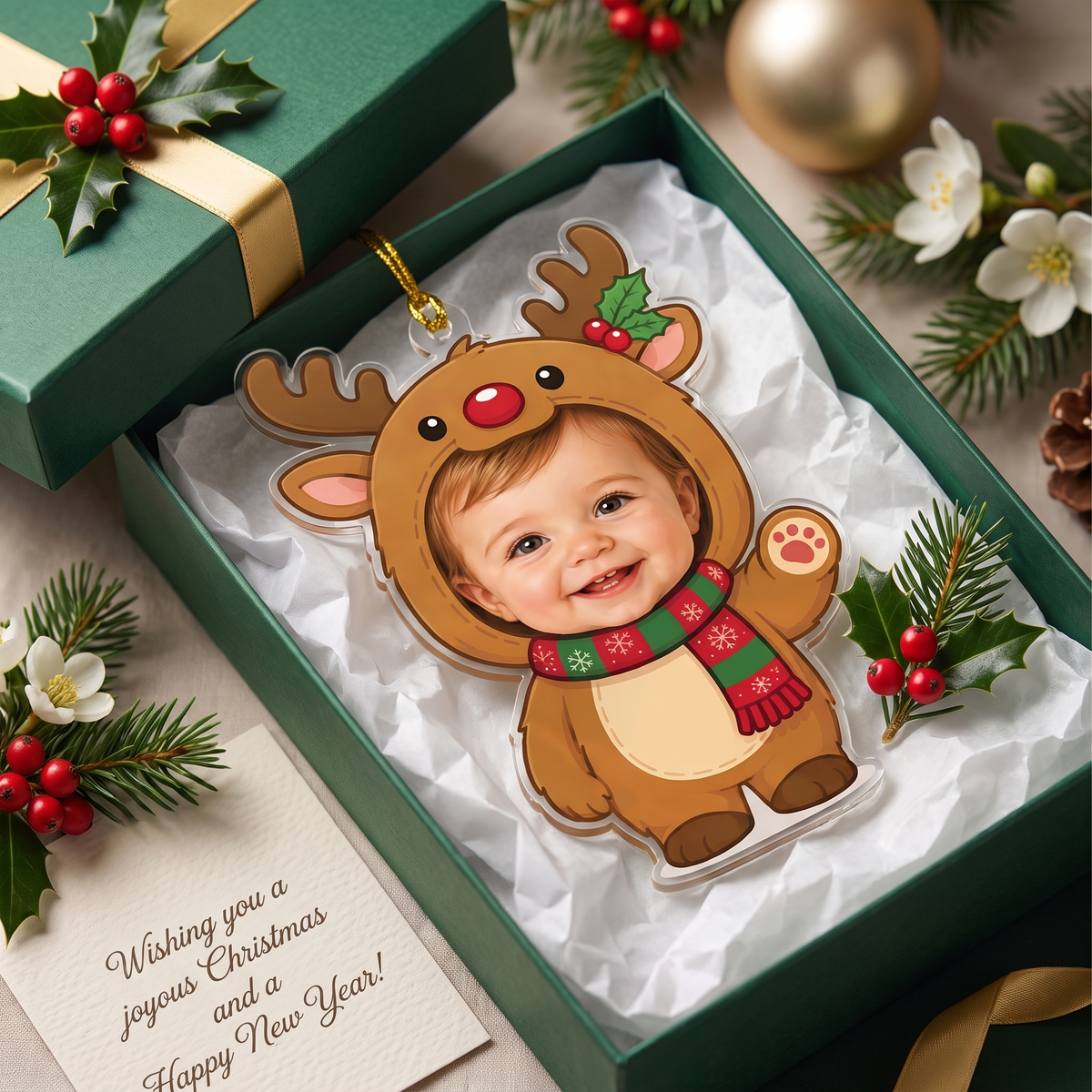 Baby reindeer suit photo ornament in a green gift box with holly and a Christmas greeting card