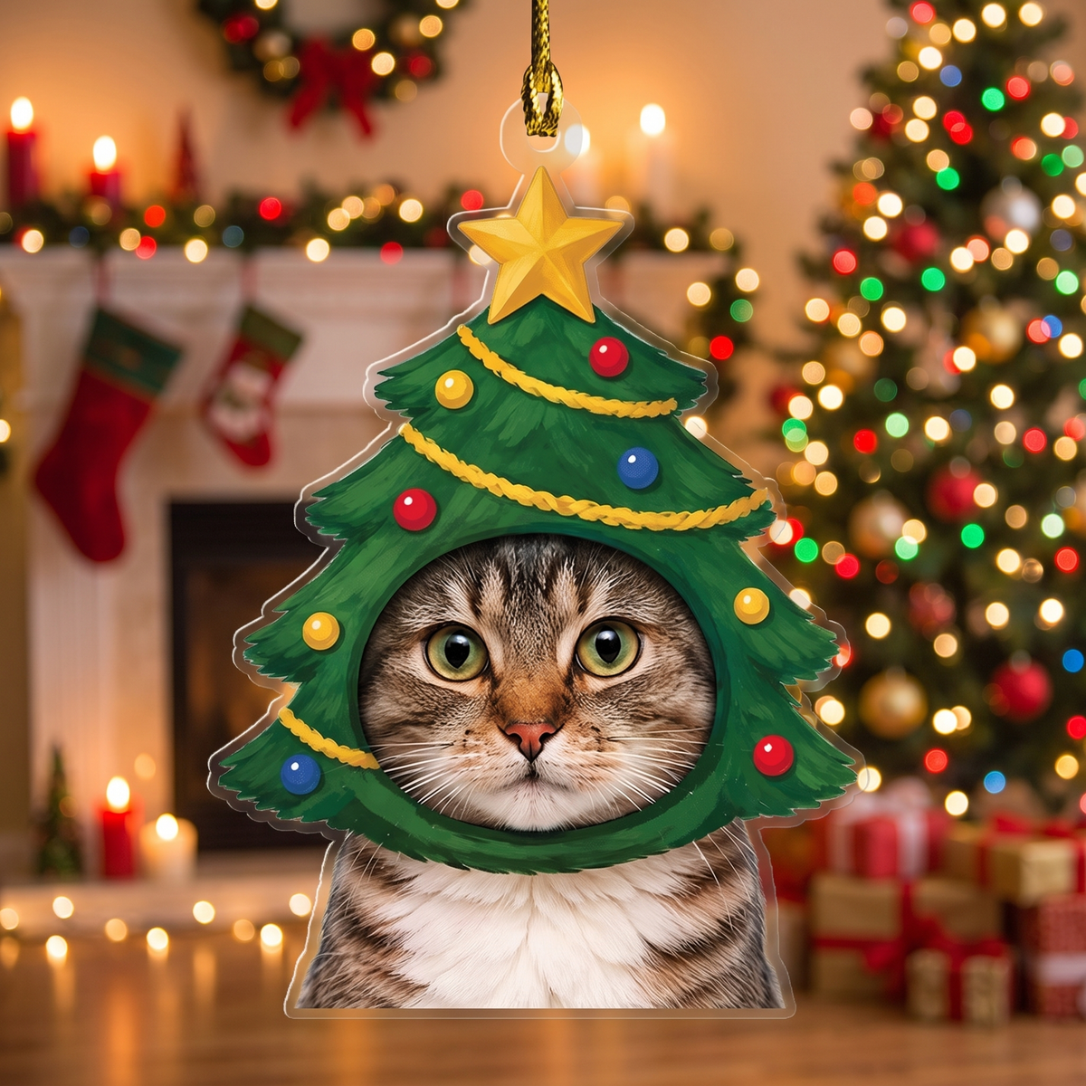 Acrylic ornament with a custom cat photo framed by a Christmas tree hood with star topper and garland