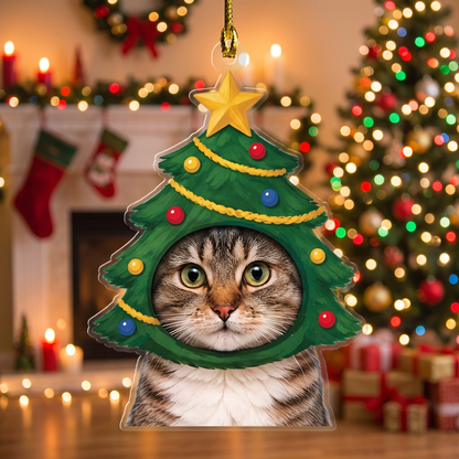 Acrylic ornament with a custom cat photo framed by a Christmas tree hood with star topper and garland