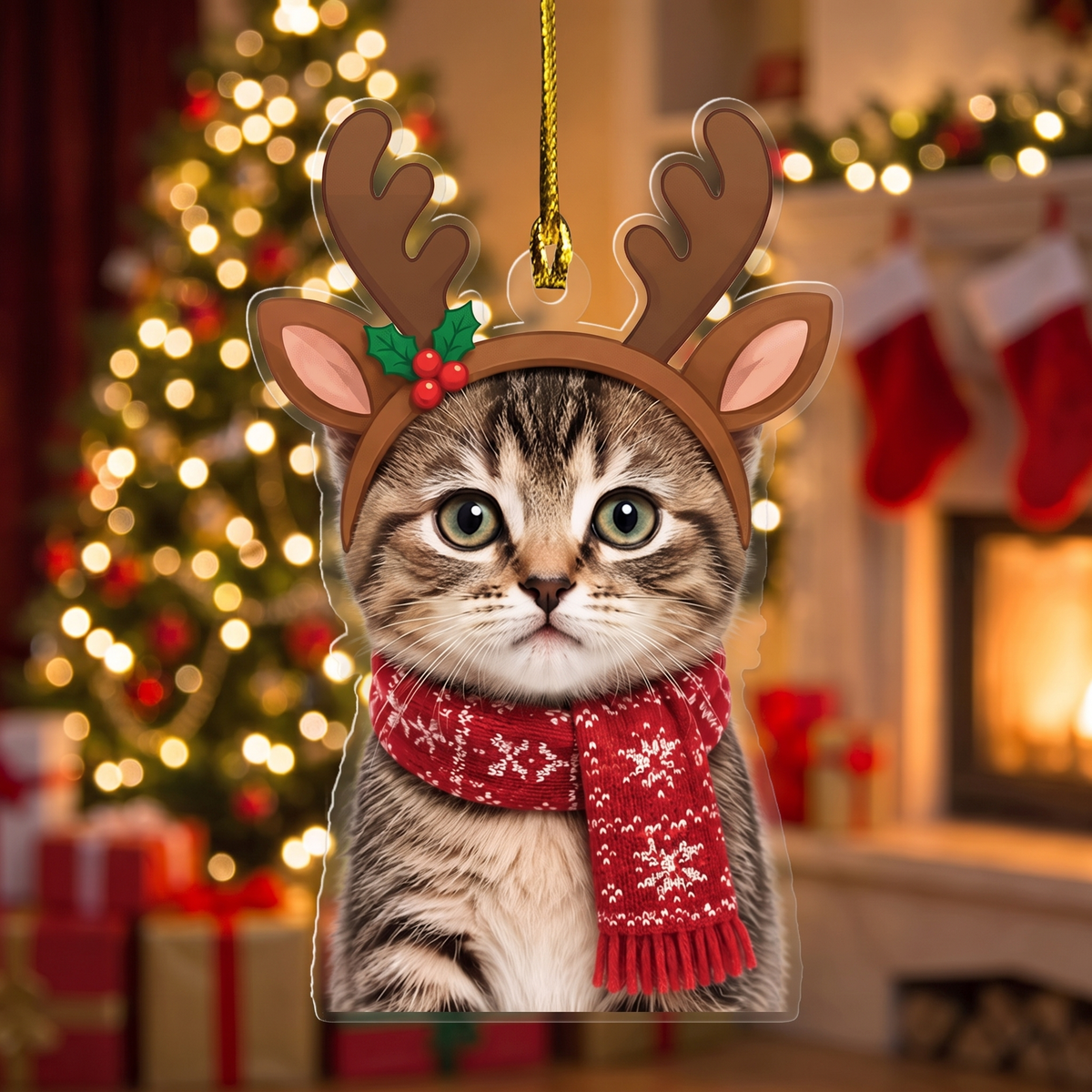Reindeer antler cat photo ornament in front of a lit tree and fireplace