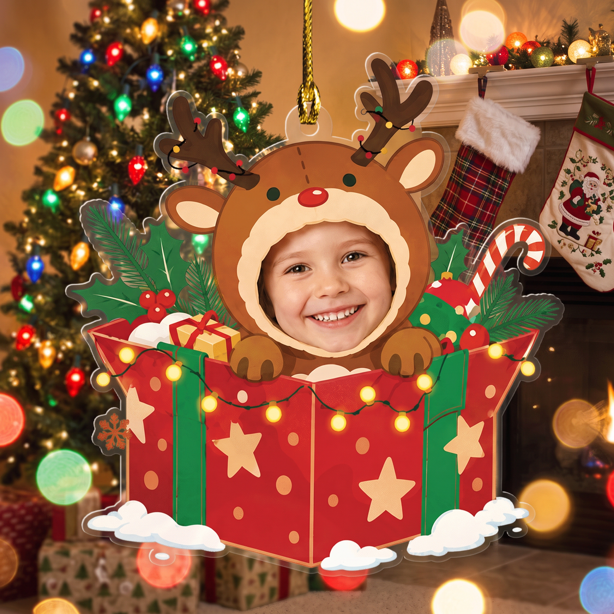 Kid face reindeer gift box ornament in front of a tree and fireplace with stockings