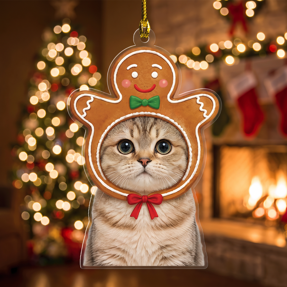 Gingerbread man cat photo ornament in front of a lit tree and fireplace