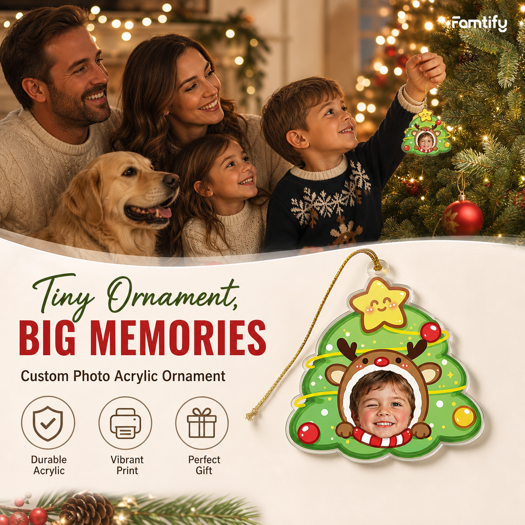 Tiny Ornament, Big Memories banner with a family, dog and the reindeer Christmas tree photo ornament