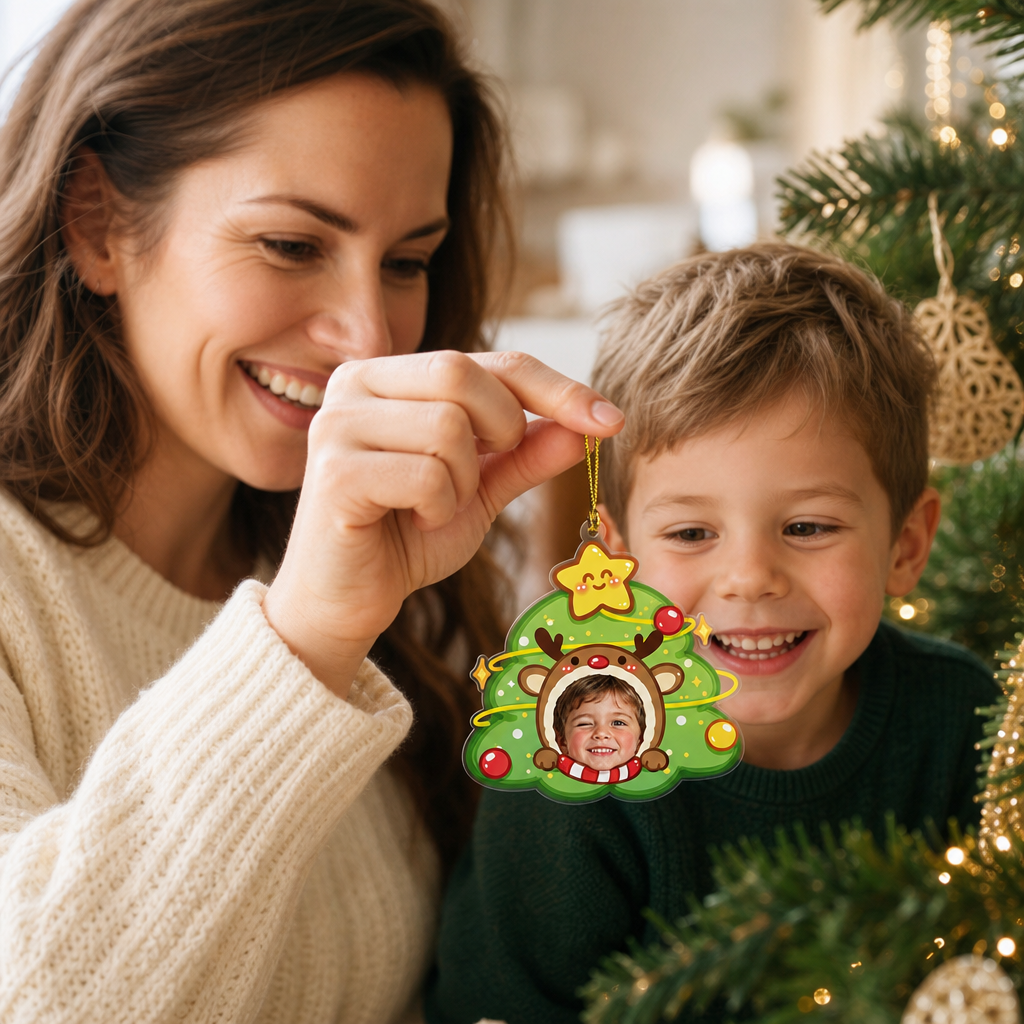 Mother hanging the custom face reindeer tree ornament as her son grins beside her
