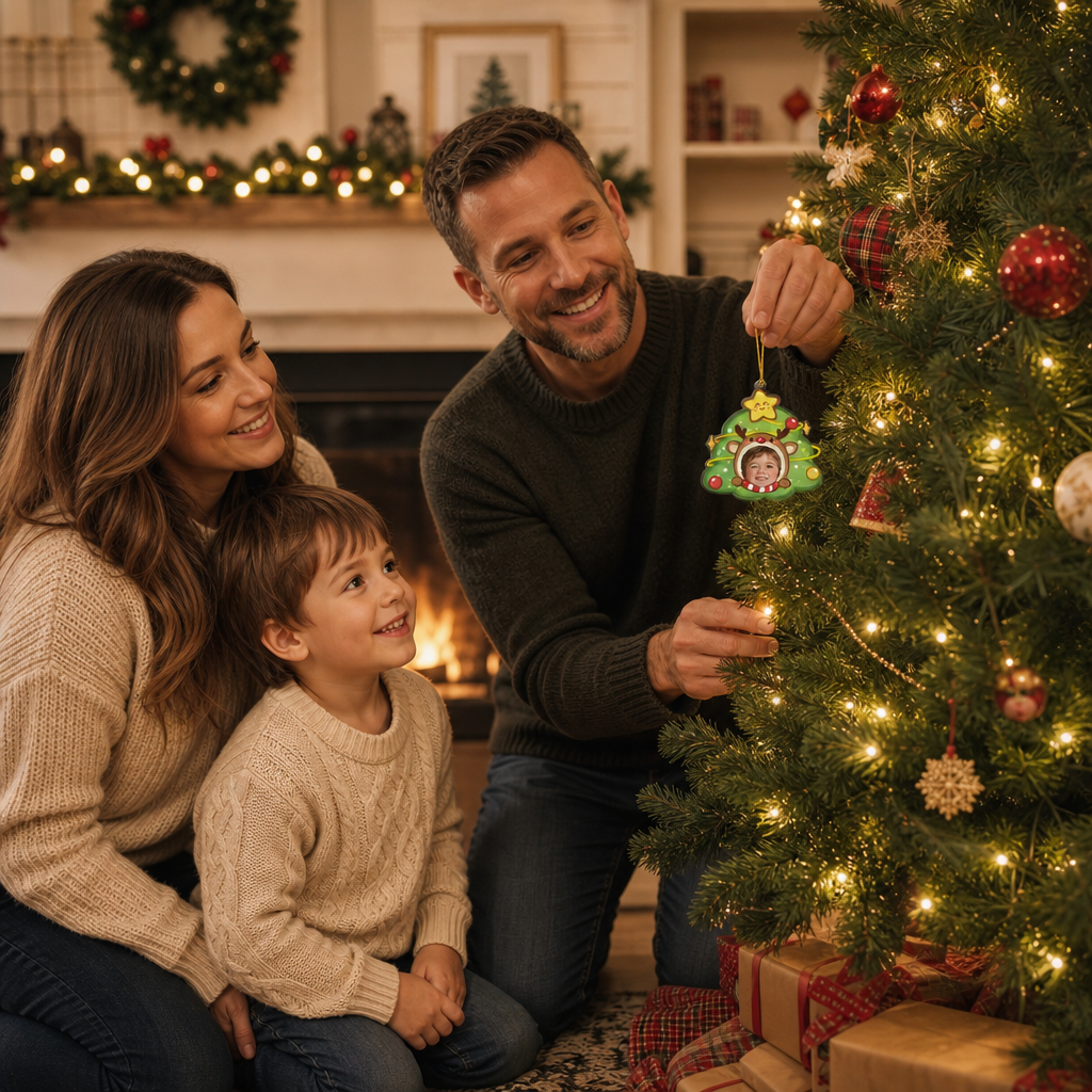 Dad hanging the kid photo reindeer tree ornament while mom and son watch by the fireplace