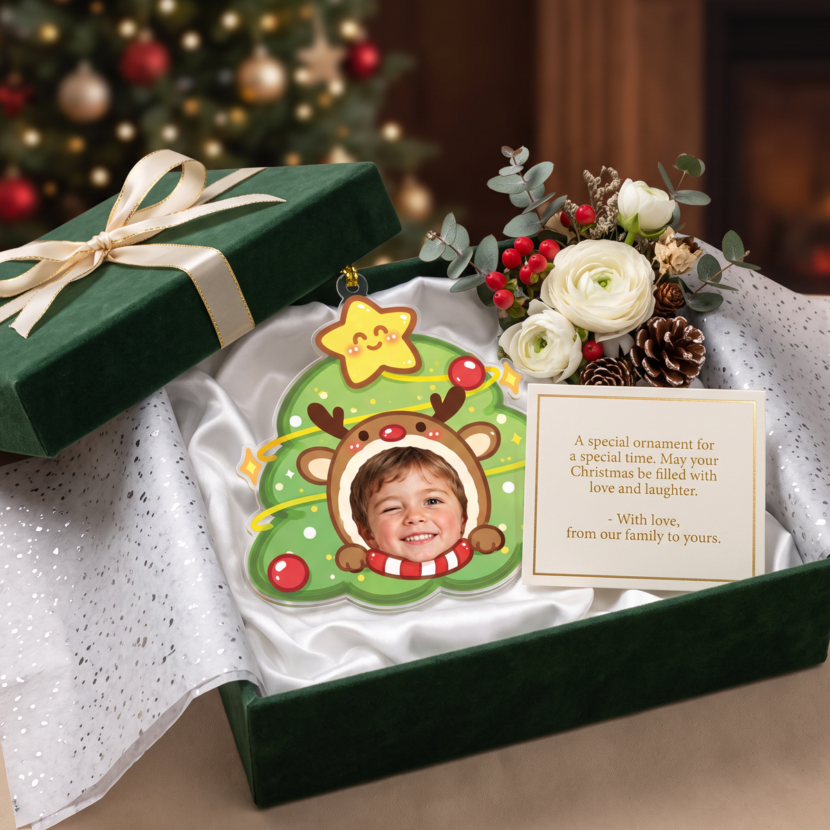 Reindeer Christmas tree photo ornament in a green gift box with white flowers and a note card